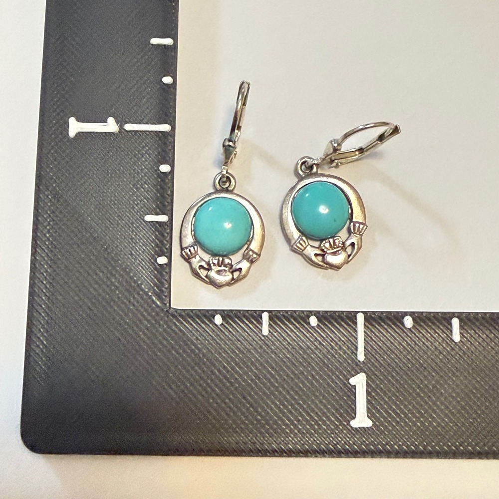 Vintage Sterling Silver Heart Earrings Ireland 925 Turquoise Claddagh Celtic - Picture 6 of 8